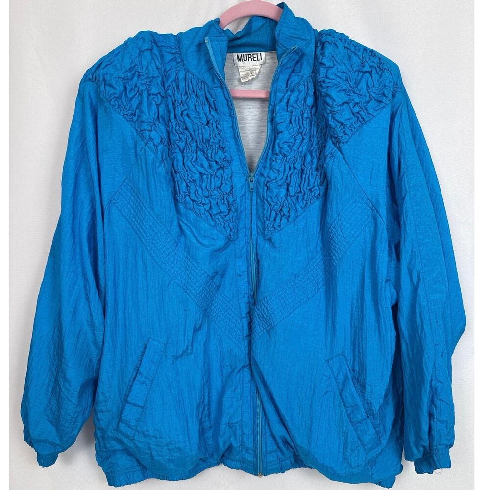Mureli Vintage Womens Ruched Windbreaker Jacket Size M Teal Blue Retro 90s